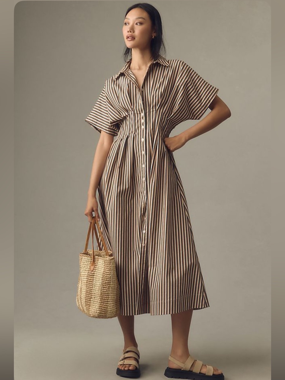 Exquise Tobie Button-Front Pleated Midi Shirt Dress